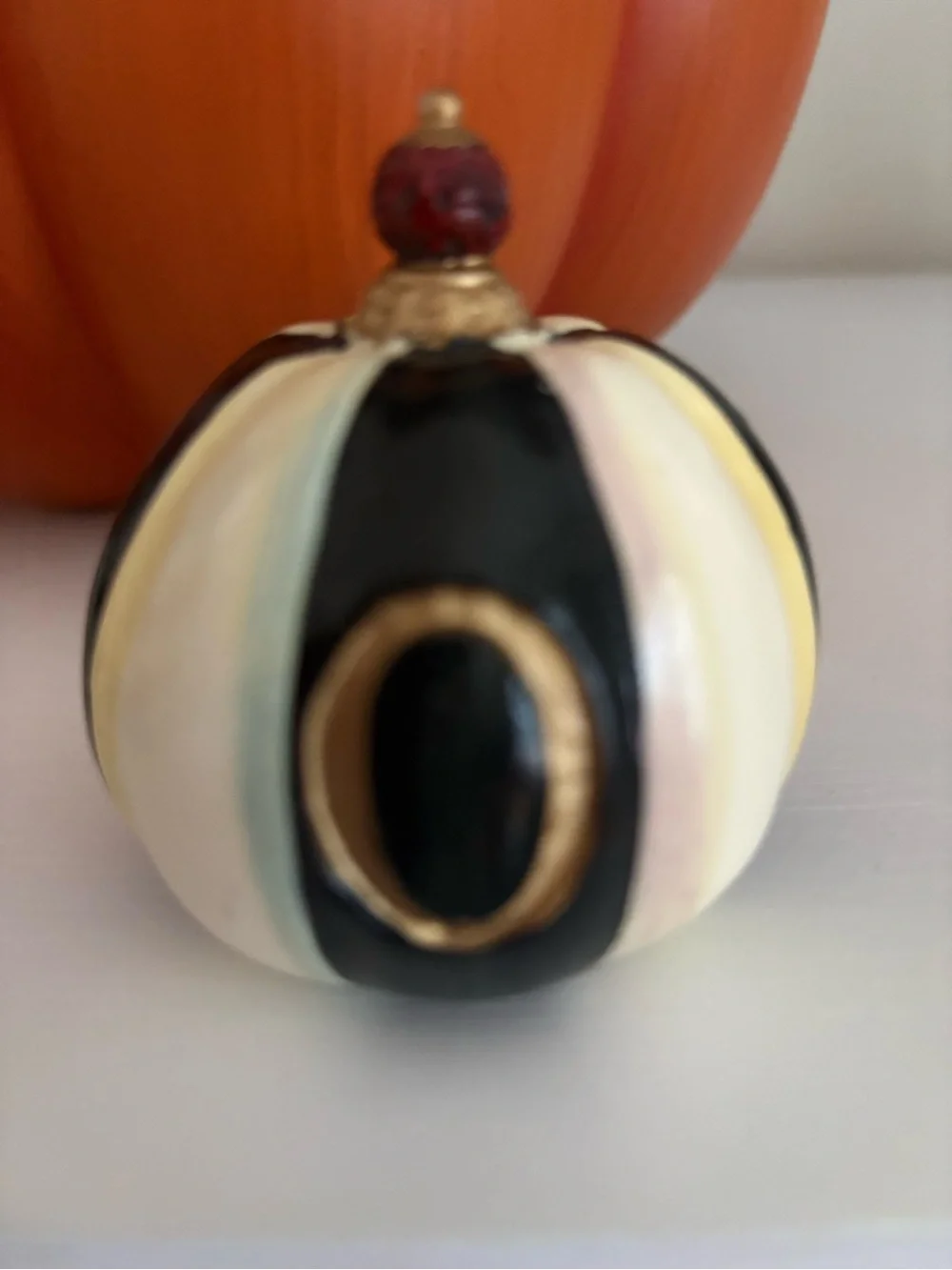 Mackenzie Childs spooky pumpkins black white checked striped euc box is included